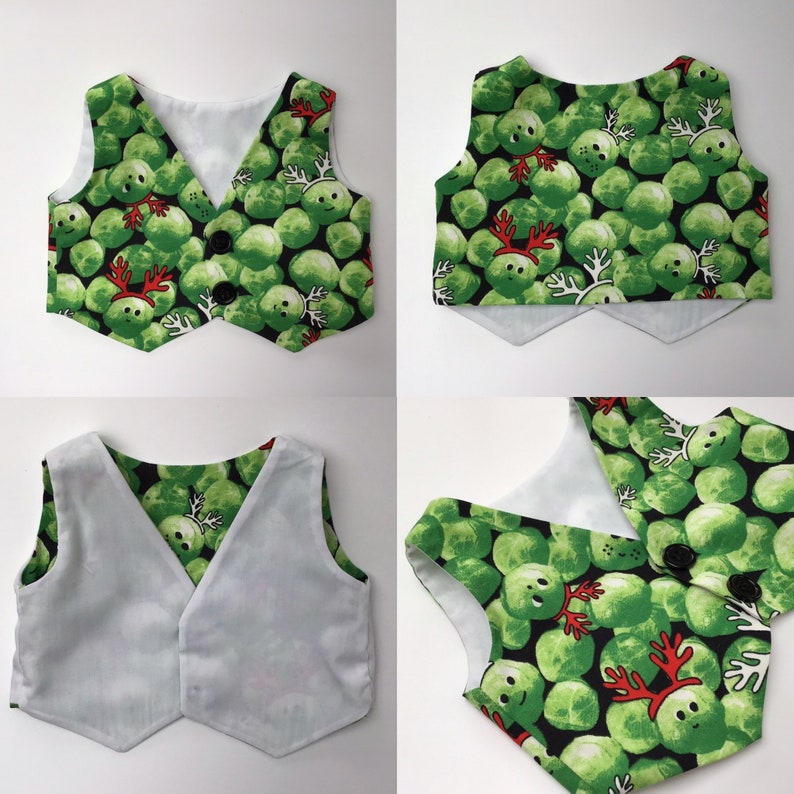 May include: A reversible vest with a green and white pattern of Brussels sprouts with red reindeer antlers. One side of the vest is white with a green pattern, and the other side is black with a green pattern.