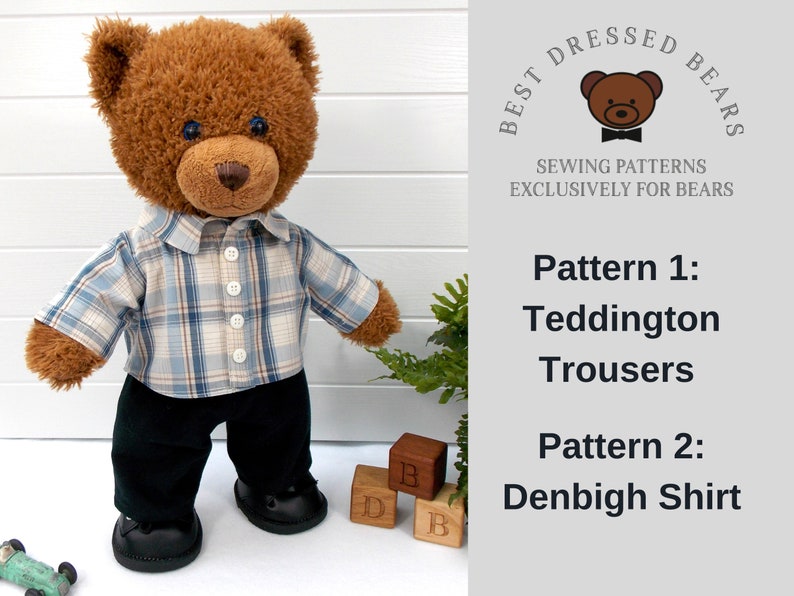 Build a bear teddy bear wearing a checked shirt and black trousers.