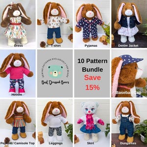 May include: A collage of 10 different sewing patterns for making clothes for stuffed animals. The patterns include a dress, t-shirt, pyjamas, denim jacket, hoodie, baseball cap, peplum/camisole top, leggings, skirt, and dungarees. The patterns are for "Best Dressed Bears" and are available as a bundle with a 15% discount.
