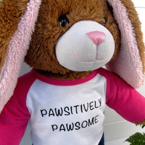 Build a bear teddy bear wearing a pink and white t-shirt.