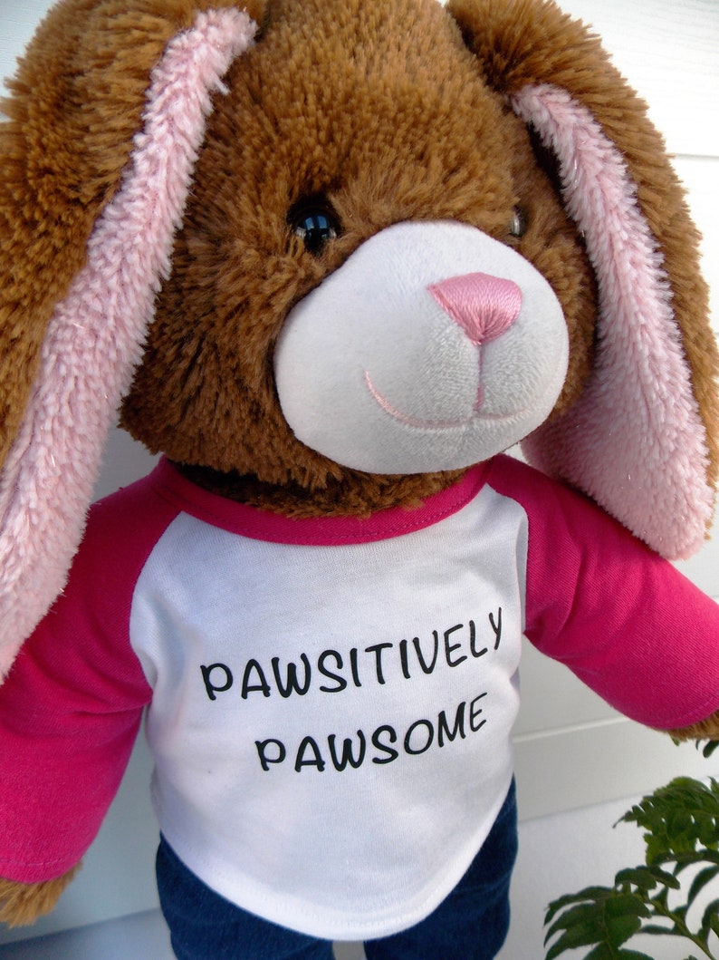 Build a bear teddy bear wearing a pink and white t-shirt.