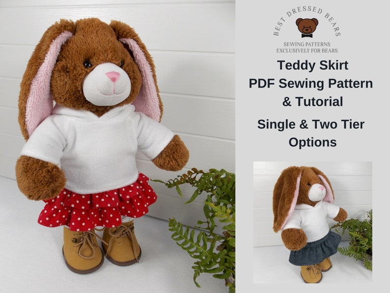 Build a bear teddy bear wearing a white hoodie, a red and white spotted skirt, white tights and sand coloured boots. A second build a bear teddy bear is wearing a white hoodie, blue denim skirt and sand coloured boots