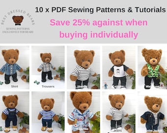 10 x PDF Patterns for Teddy Bear Clothes -SAVE 25% - (Teddy bear clothes patterns + tutorials / Fits 15-18 inch bears such as Build a Bear)