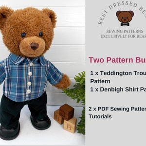 Build a bear teddy bear wearing a blue checked shirt and black trousers.