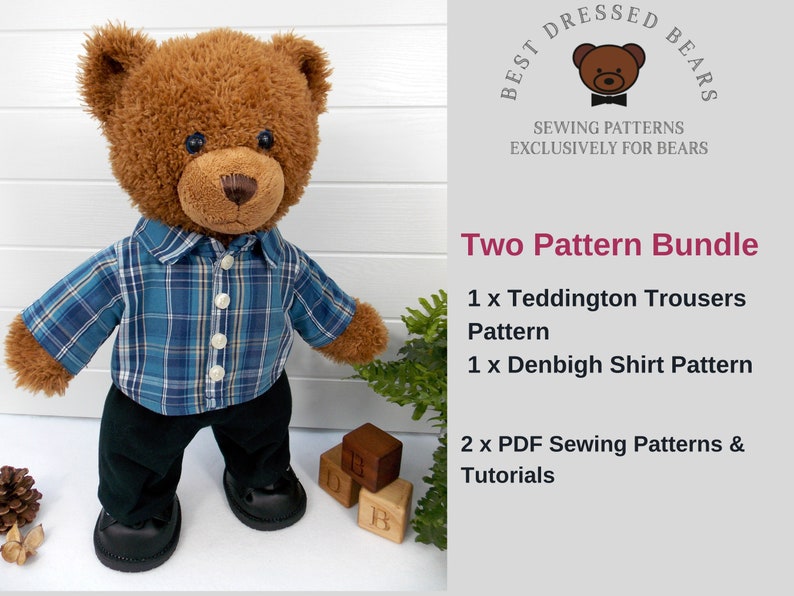 Build a bear teddy bear wearing a blue checked shirt and black trousers.