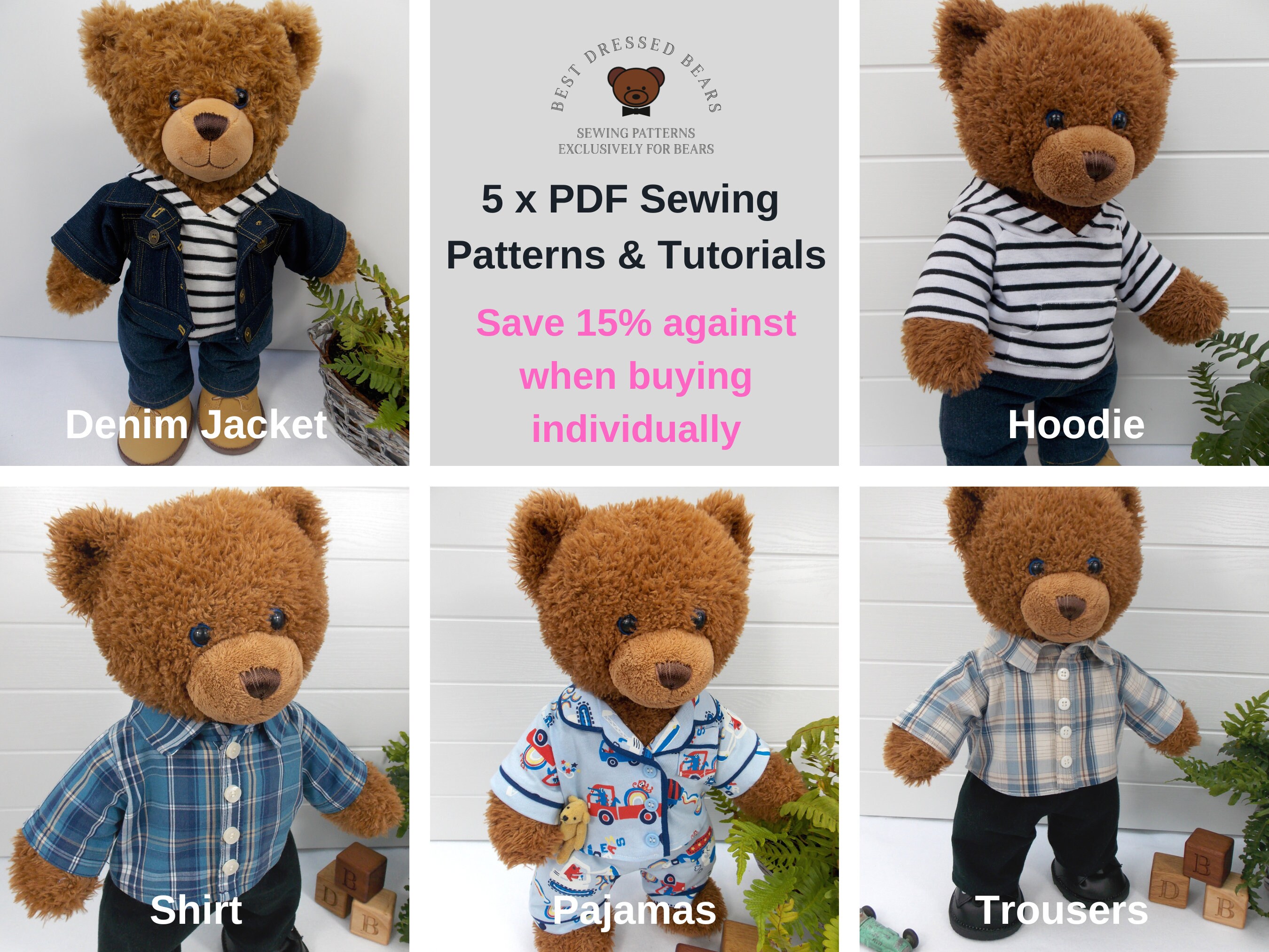 PYJAMAS / PAJAMAS Pjs PDF Pattern for Teddy Bear. Fits 15-18 Inch Bears  Such as Build a Bear. Teddy Bear Clothes Sewing Pattern Tutorial 