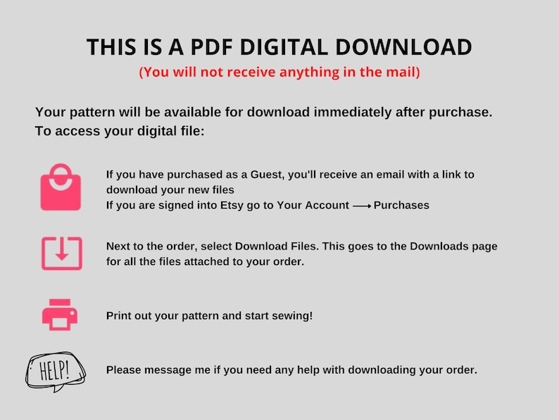 Pu&ograve; includere: Una grafica rosa e bianca con il testo "THIS IS A PDF DIGITAL DOWNLOAD (You will not receive anything in the mail)". La grafica include anche istruzioni su come scaricare un file digitale dopo l'acquisto.