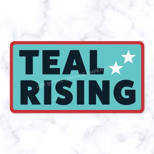 May include: Teal blue rectangle with a red border and white stars. The text "TEAL RISING" is in black letters.