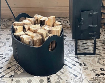 Modern Log Basket for Fireplace  / Firewood Basket / Strong Storage Basket for blankets, books, toys and scarfs / Vegan leather + Felt