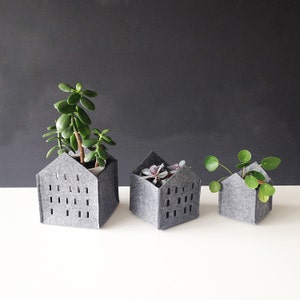 May include: Three gray felt house-shaped planters with different plants. The planters have cut-out windows and are arranged in a row on a white surface.