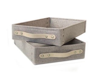 Drawer Box with Leather Handle / Felt Storage Bin / Low storage box / Possible in Custom Size