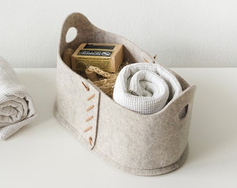 Felt bin with leather details  / Oatmeal color Basket / Household Storage / Home Organizing  / Possible in Custom Size