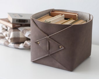 Vegan Leather Storage Bin / Storage Basket with Buttons / Home Storage Organization / Faux leather + Felt