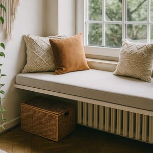 Bänkdyna i anpassad storlek/ Fönsteröverdrag/ Pianodyna med halkfri botten/ Mikrovelour + veganskt läder/ 8,5 cm tjock