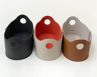 Strong Storage Basket for Blankets, Books, Toys and Scarves/ Large Bin from Vegan Leather & Felt/ Log Holder for Fireplace