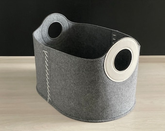 Large Basket for Firewood, Blankets, Magazines, Toys or Knitting Stuff/ Strong Log Basket/ Fireplace Accessories/ Felt + Vegan Leather