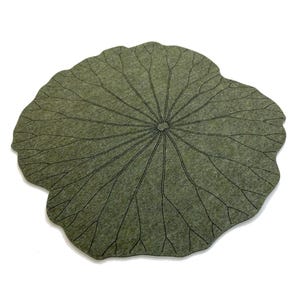 Può includere: Un sottopentola verde a forma di foglia con un motivo a venature nere dettagliato. Il sottopentola è realizzato in un materiale simile al feltro ed è posto su uno sfondo bianco. Il design imita una foglia di loto.