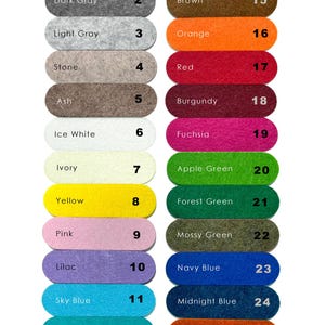 May include: A color chart displaying 25 different felt colors, each labeled with a name and number. Colors range from black, gray, and white to vibrant hues like pink, yellow, and green. The text "Different colors" is at the top.