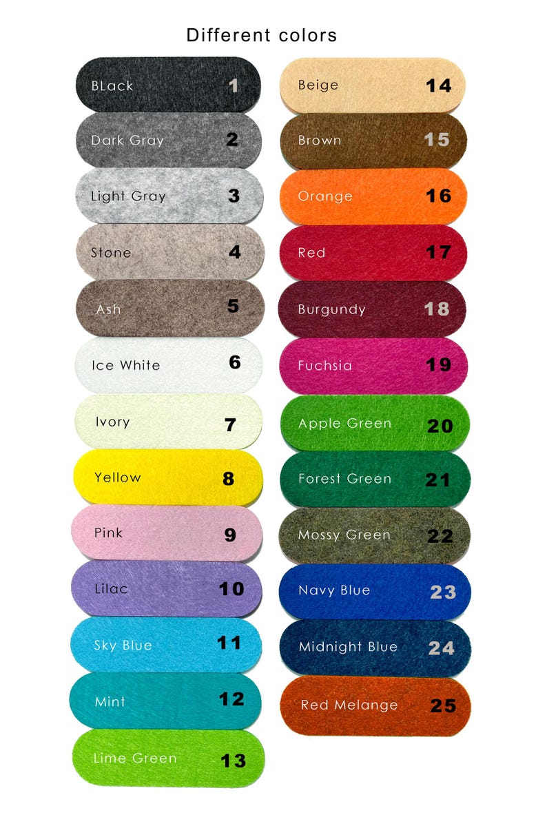 May include: A color chart displaying 25 different felt colors, each labeled with a name and number. Colors range from black, gray, and white to vibrant hues like pink, yellow, and green. The text "Different colors" is at the top.
