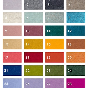 May include: Swatch card with 28 different fabric samples. The samples are arranged in four rows of seven, numbered 1 through 28. The colors include light gray, dark gray, navy blue, beige, white, light blue, teal, pink, burgundy, teal green, turquoise, beige, gold, yellow, brown, coral, red, orange, peach, dark blue, olive green, forest green, dark green, light blue, lavender, purple, and magenta.