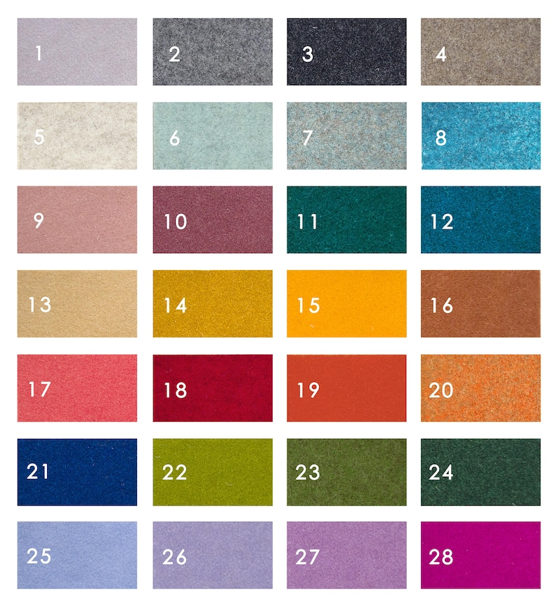 May include: Swatch card with 28 different fabric samples. The samples are arranged in four rows of seven, numbered 1 through 28. The colors include light gray, dark gray, navy blue, beige, white, light blue, teal, pink, burgundy, teal green, turquoise, beige, gold, yellow, brown, coral, red, orange, peach, dark blue, olive green, forest green, dark green, light blue, lavender, purple, and magenta.