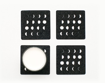 Set of 4 Coasters / Set of 6 Coasters / Moon Phases / Felt Coasters / Black Coasters / Square Coasters