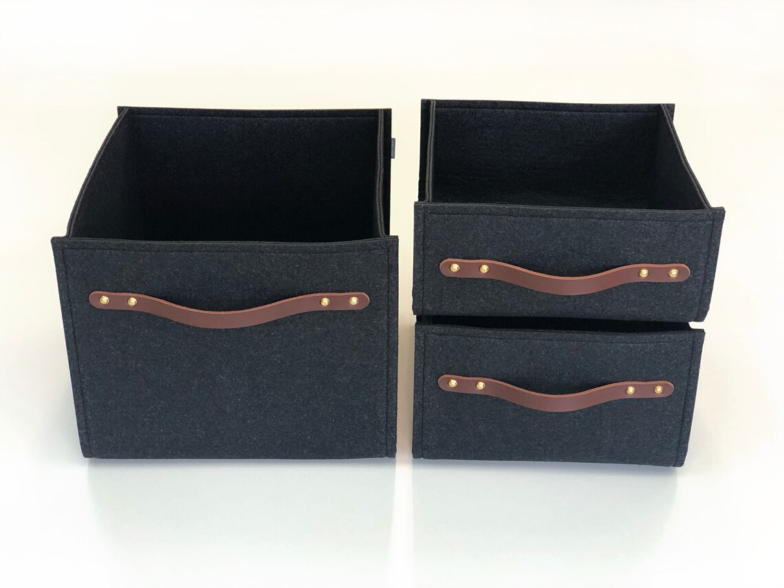 Set of 3 Bins with lids / Felt Storage Bins / Black Baskets / Etsy