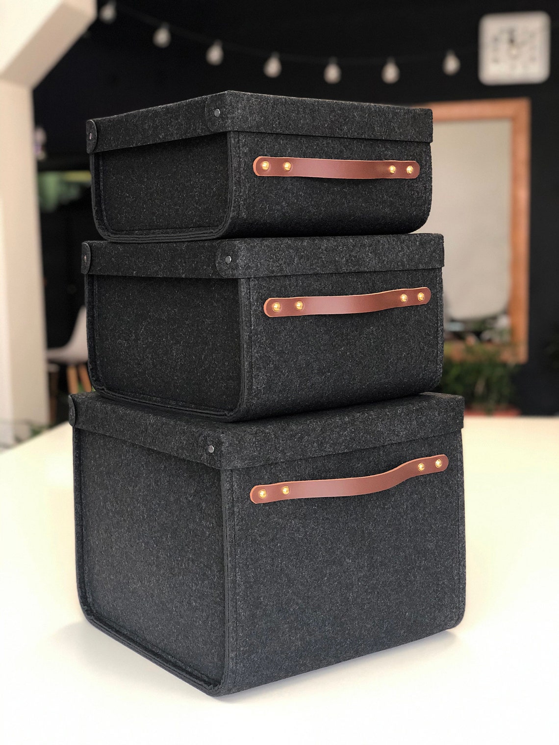 Set of 3 Bins with lids / Felt Storage Bins / Black Baskets / Etsy