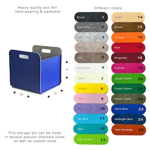 May include: A blue eco-felt storage bin with a rectangular shape and a handle cutout. The image also displays a color chart with 25 different felt colors, including black, gray, and various shades of green and blue. The bin is washable and hard-wearing.