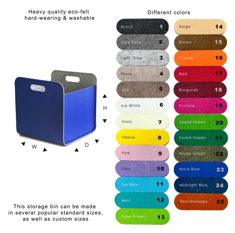 May include: A blue eco-felt storage bin with a rectangular shape and a handle cutout. The image also displays a color chart with 25 different felt colors, including black, gray, and various shades of green and blue. The bin is washable and hard-wearing.