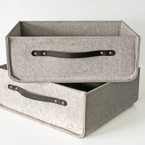 Industrial Felt Storage Basket With Leather Handles. Handmade Etsy