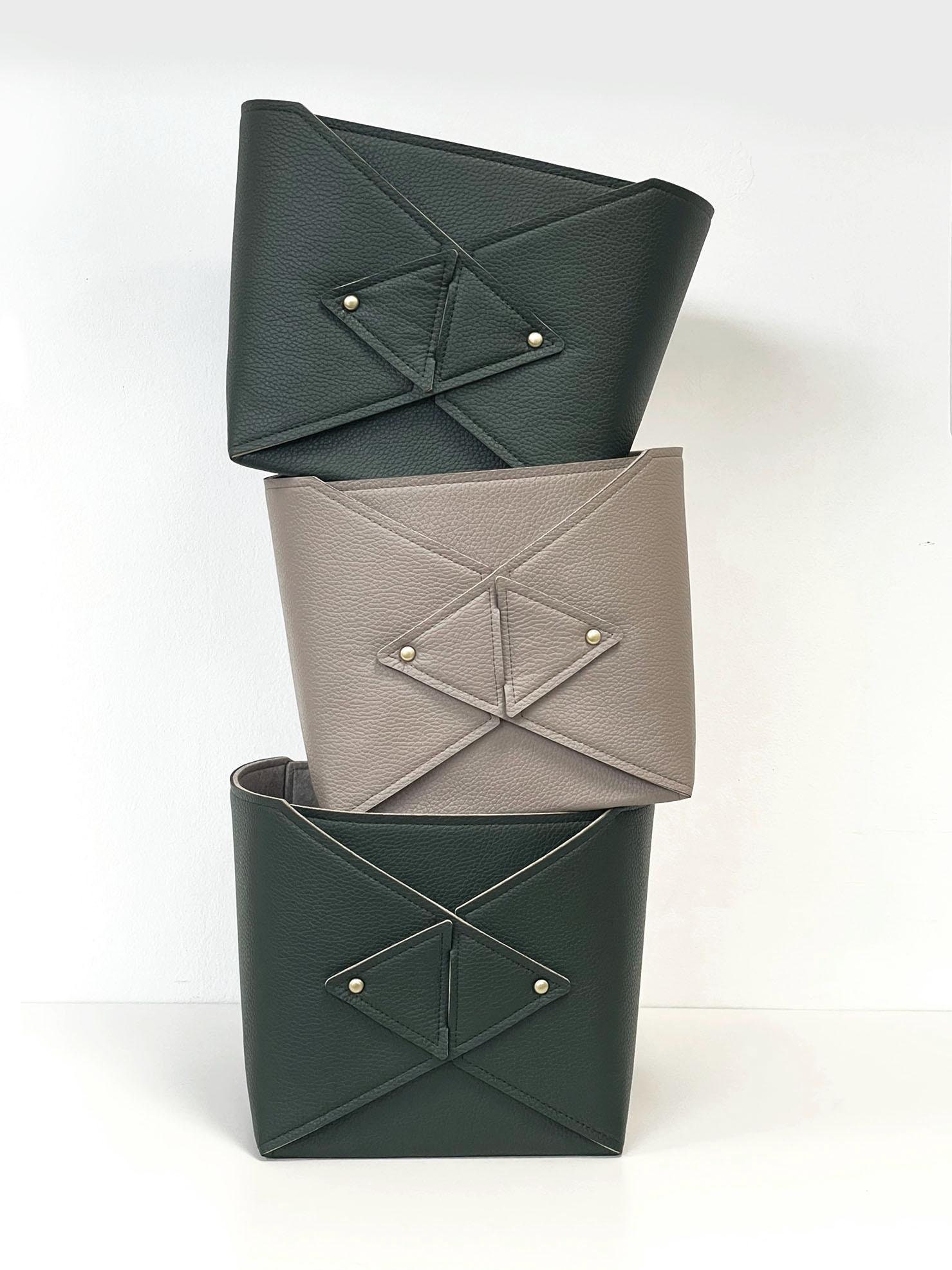 Buttoned Bin from Leather and Felt/ Storage Basket for Home Organization/ Office Accessories Organizer from Vegan Leather & Felt