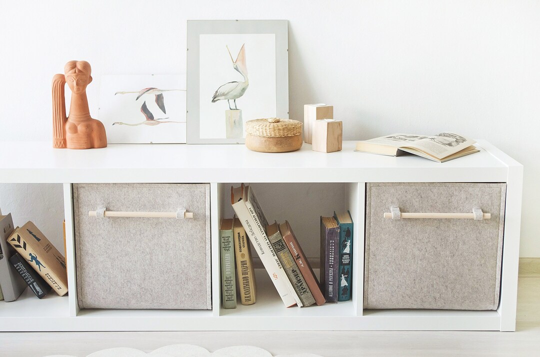 Set of Storage Baskets With Wood Handle / Size 13x13x13 / Kallax Insert / Shelf Insert / Storage