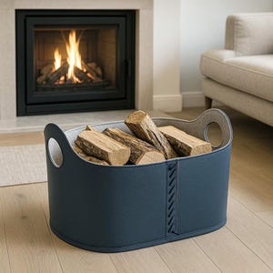Modern Log Basket for Fireplace/ Firewood Basket/ Strong Storage Basket for Blankets, Books, Toys/ Vegan Leather + Felt/ Custom Size Storage