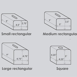 May include: Line drawing of four different shaped blocks with measurements in inches. The blocks are labeled: Small rectangular, Medium rectangular, Large rectangular, and Square.