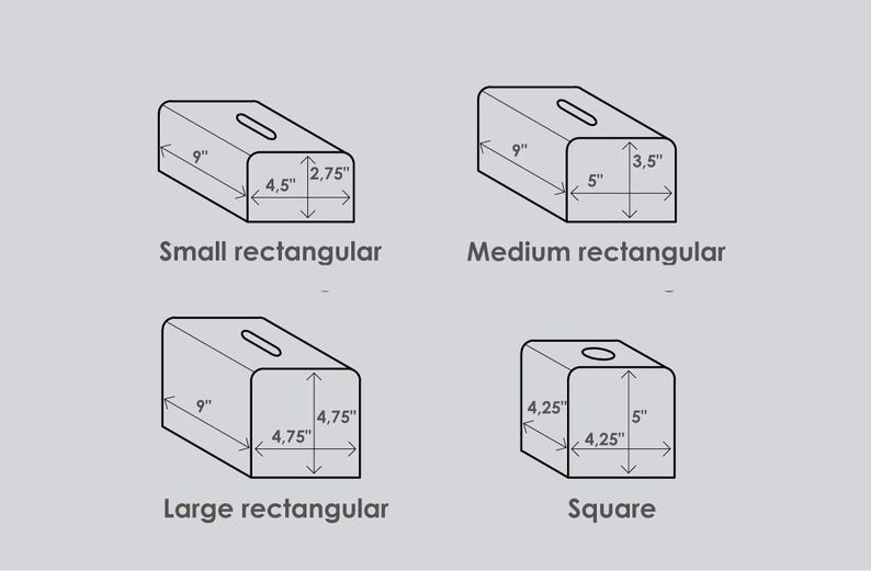 May include: Line drawing of four different shaped blocks with measurements in inches. The blocks are labeled: Small rectangular, Medium rectangular, Large rectangular, and Square.