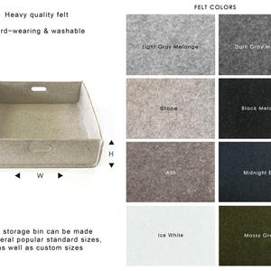 May include: A rectangular, light gray felt storage bin with two handle cutouts. The image also displays a color chart with felt swatches in various colors, including light gray, dark gray, black, and blue. Text on the image reads "Heavy quality felt" and "Hard-wearing & washable."