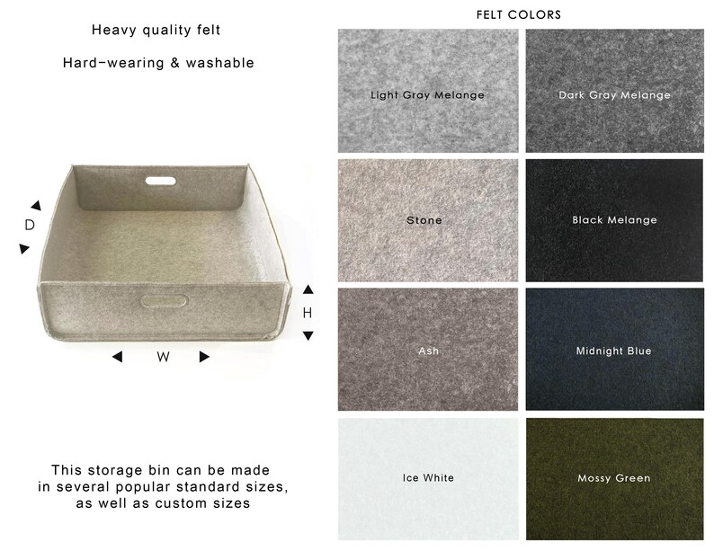 May include: A rectangular, light gray felt storage bin with two handle cutouts. The image also displays a color chart with felt swatches in various colors, including light gray, dark gray, black, and blue. Text on the image reads "Heavy quality felt" and "Hard-wearing & washable."
