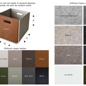May include: A storage bin with a pecan-colored vegan leather front and a gray felt body. The image shows a variety of felt and vegan leather color options. Text indicates the bin is available in standard and custom sizes.