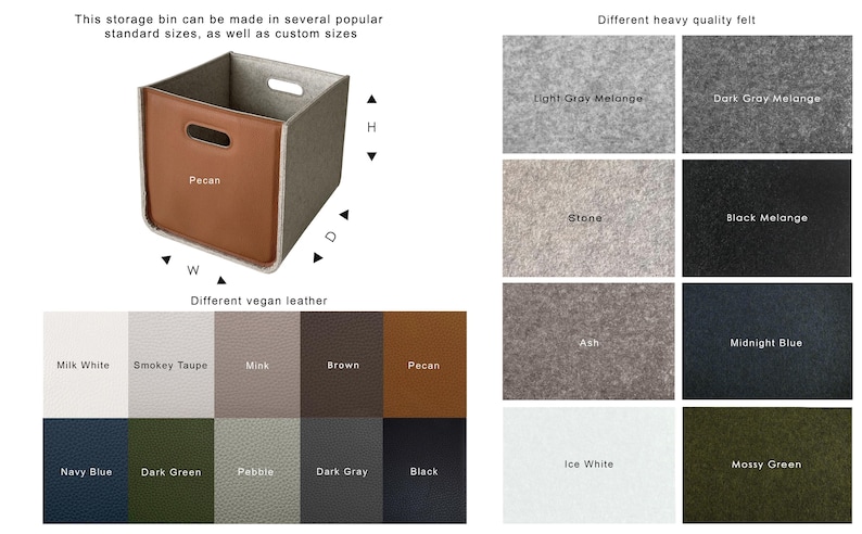 May include: A storage bin with a pecan-colored vegan leather front and a gray felt body. The image shows a variety of felt and vegan leather color options. Text indicates the bin is available in standard and custom sizes.