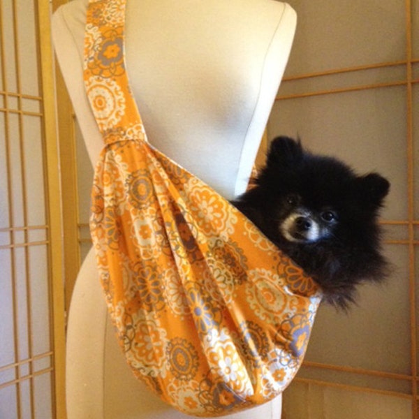 Doggy Bag Pet Sling Carrier 100% cotton fully lined Orange Grey Floral