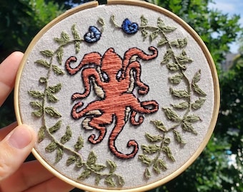 Octopus Embroidery Wall Art | Aquatic Ocean Seashell Seaweed Squid Hoop Thread Art