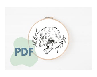 Skull Vines Hand Embroidery PDF Design | Nature Bones Edgy Art For Beginners