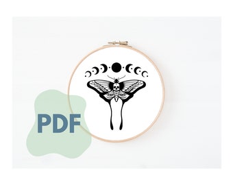 Moth Skull Embroidery Design | Witchy Moon Phases Pattern (PDF)