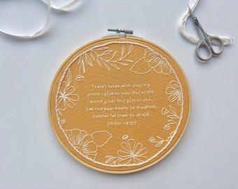 Hand Embroidered John 14:27 Hoop Art | Floral Scripture Wall Decor