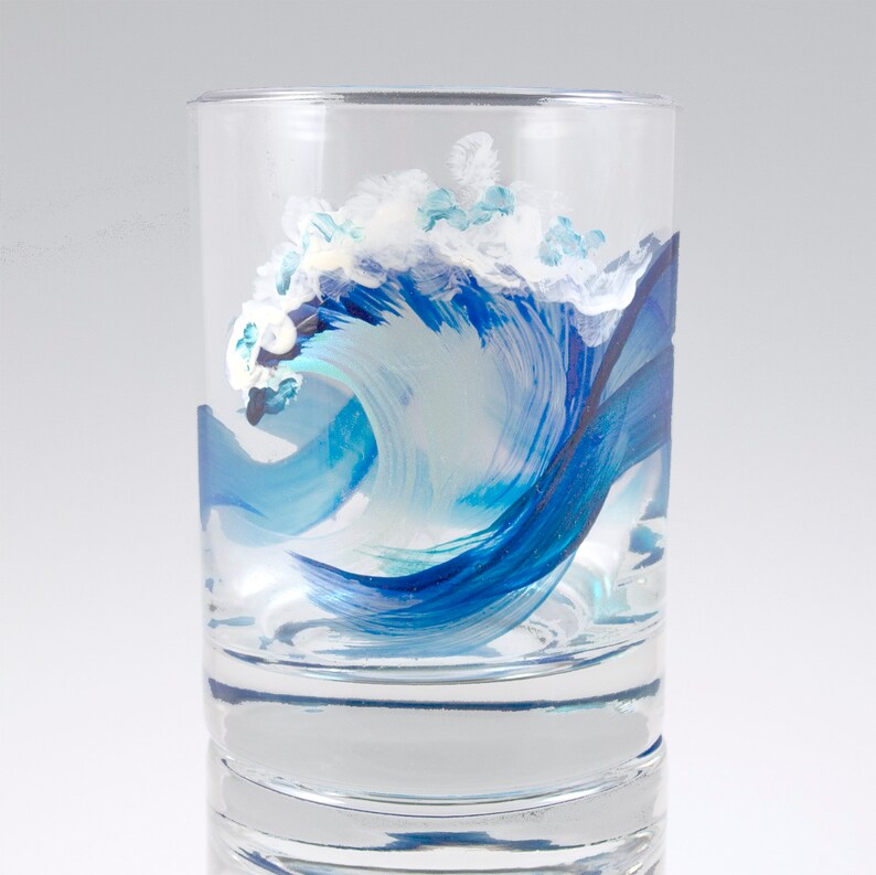 Hand Painted Wave Rocks Tumbler Glass Old Fashioned Beach Glasses Coastal Barware Surfer Dude Gift Surfing Bar Decor Hawaii Cocktail