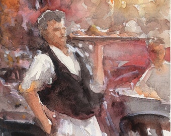 The Waiter from Watercolor Restaurant Series. 8x10 and various sizes unframed prints. Archival fine art reproduction