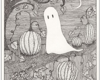 Ghost in His Garden Art Print,Whimsical,nostalgic, pen and ink,black and white, ghost art drawing,Pumpkins,tree,childs room,Halloween,Fall