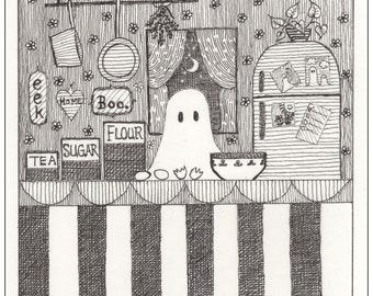 Ghost Baker Art Print Giclee, Whimsical Art, Black and White Art, Nostalgic Art, Victorian Art, Kitchen Art, Baker Art, Halloween Art, Ghost