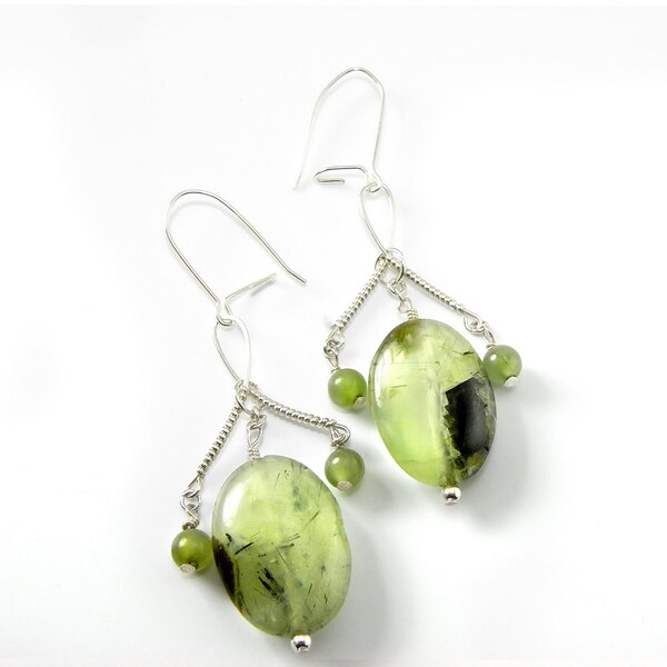 Prehnite Earrings, Sterling Silver, Gemstone Earrings, Wire Wrapped, Prehnite Statement Earrings, Gift for Her, Lime Green Earrings, Jade